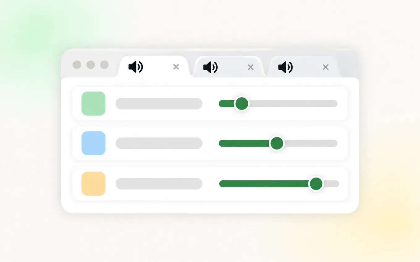Illustration of a browser with three tabs, each with its own volume slider