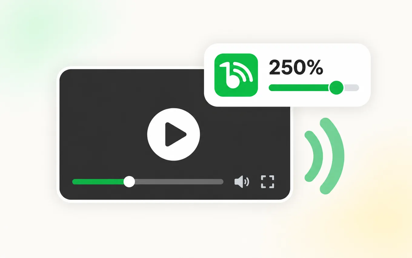 Illustration of a video player with a volume booster popup set to 250%