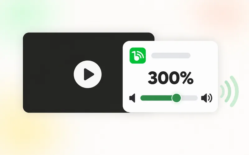 Illustration: the Sound Booster Max slider raised to 300% beside a playing video.
